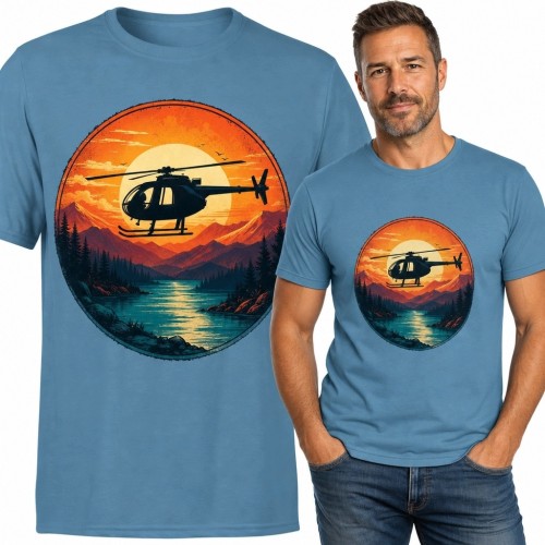 Koszulka męska z helikopterem nad górskim jeziorem - lotniczy motyw retro