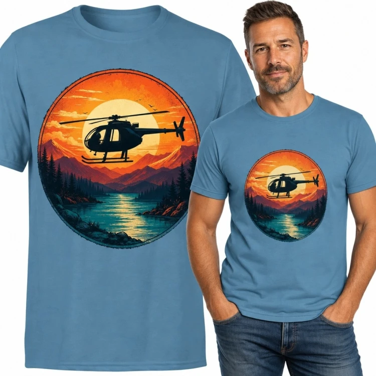 Koszulka męska z helikopterem nad górskim jeziorem - lotniczy motyw retro