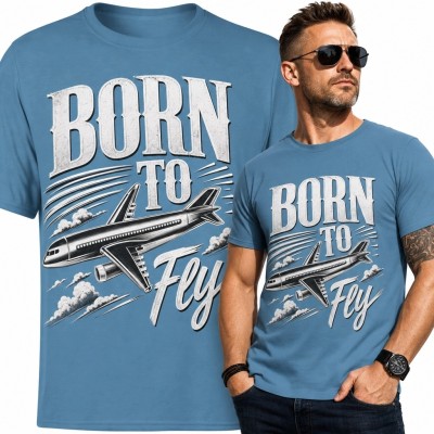 Koszulka męska z samolotem „Born to fly” - lotniczy wzór retro