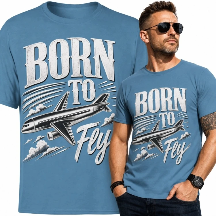 Koszulka męska z samolotem „Born to fly” - lotniczy wzór retro