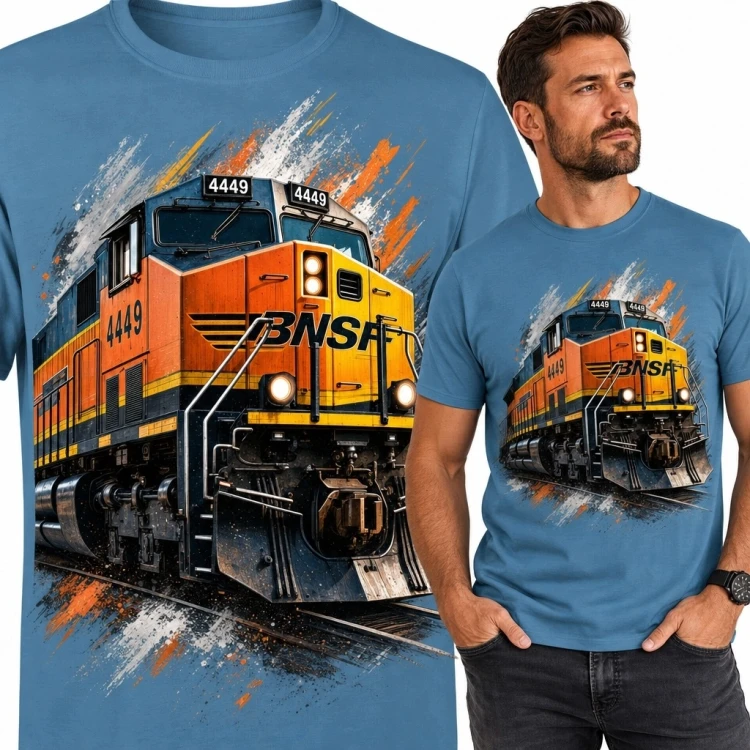 Koszulka męska z lokomotywą spalinową „BNSF” - kolejowy motyw grunge