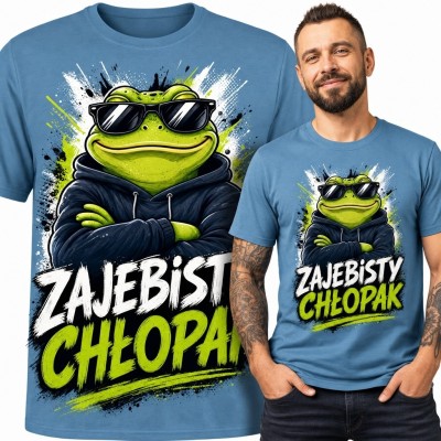Niebieska koszulka męska ze stylizowaną żabą w okularach - „Zajebisty chłopak”