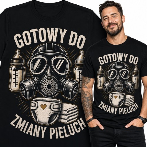 Koszulka męska dla taty z maską przeciwgazową „Gotowy do zmiany pieluch” - humorystyczny wzór