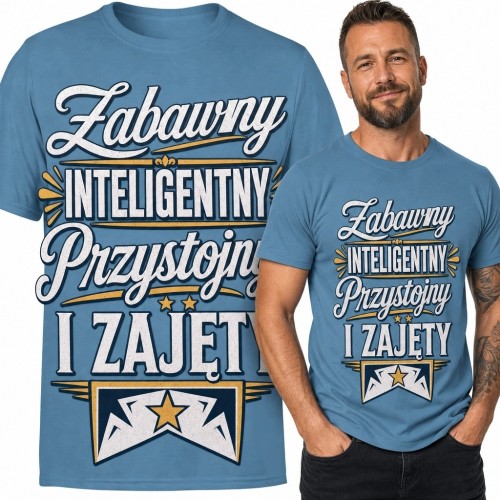 Koszulka męska z napisem „Zabawny Inteligentny Przystojny i Zajęty” - niebieska z granatowo-białą grafiką i złotymi akcentami