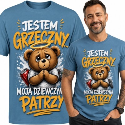Koszulka męska „Jestem grzeczny... moja dziewczyna patrzy” - niebieska z misiem w aureoli