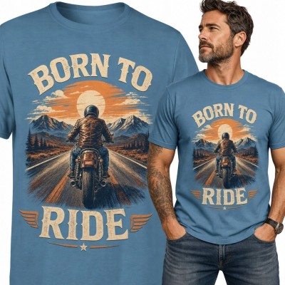 Koszulka męska z motocyklistą „Born to Ride” - górska trasa retro