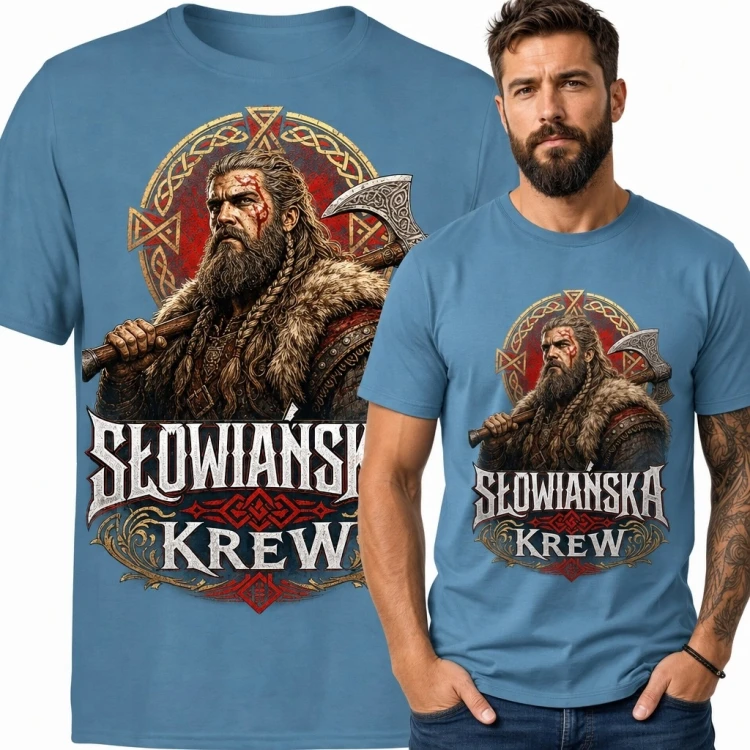 Koszulka męska „Słowiańska krew” ze słowiańskim wojownikiem i toporem
