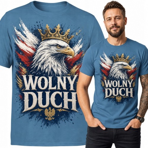 Koszulka męska patriotyczna z koronowanym orłem i napisem „Wolny duch” - biało-czerwony motyw