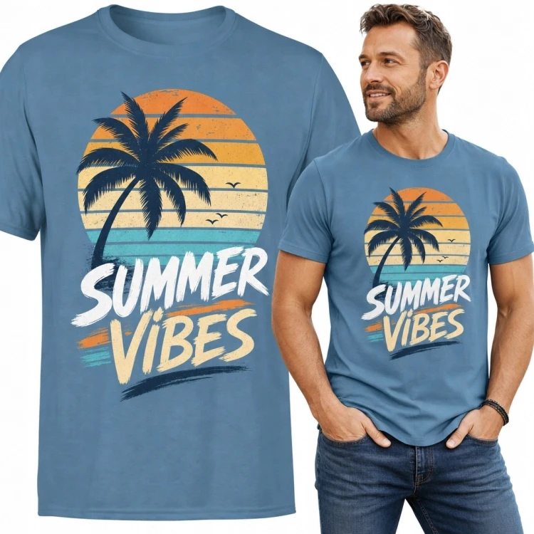 Koszulka męska „Summer Vibes” z palmą i zachodem słońca - wakacyjny wzór retro