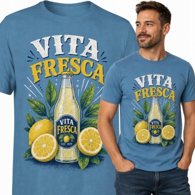 Koszulka męska „Vita Fresca” z retro motywem cytrynowego napoju - cytryny i liście