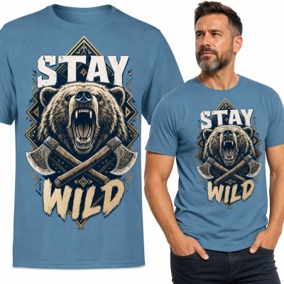 Koszulka męska „Stay Wild” z ryczącym niedźwiedziem i skrzyżowanymi toporami - motyw outdoorowy