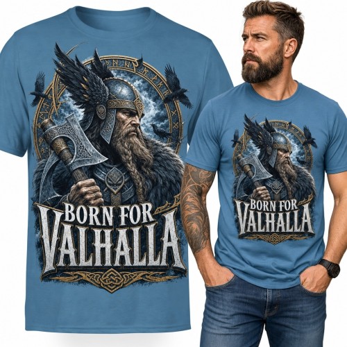 Koszulka męska z wojownikiem nordyckim „Born for Valhalla” - wiking, topór i kruki