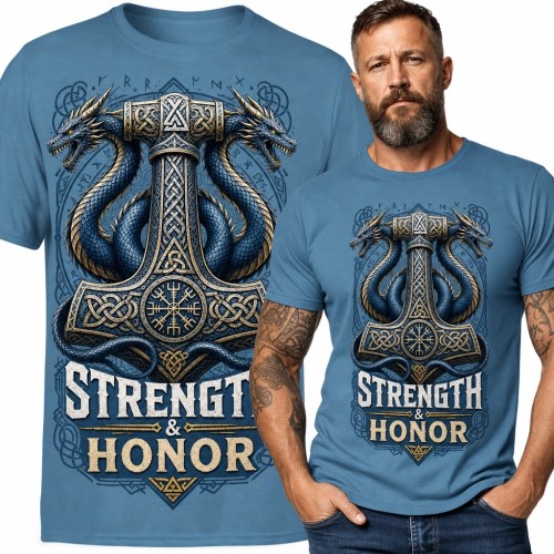 Koszulka męska z Młotem Thora i smokami „Strength &amp; Honor” - nordycki wzór