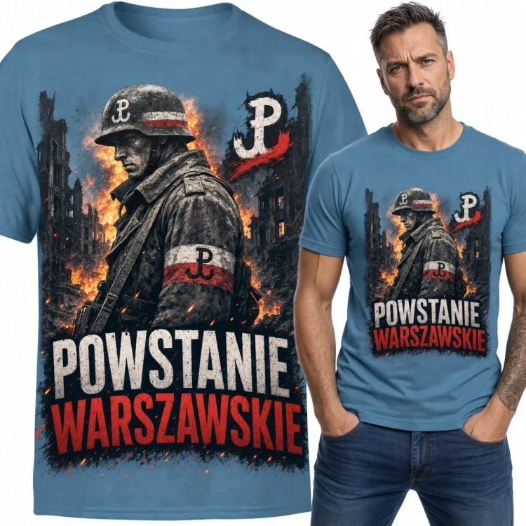 Koszulka męska z powstańcem warszawskim i napisem „Powstanie Warszawskie”