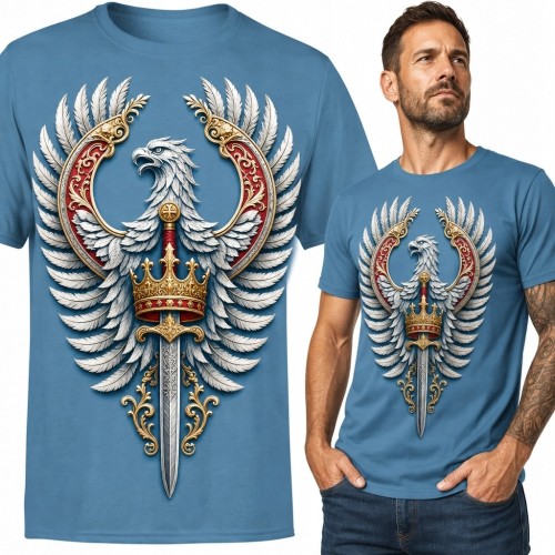 Koszulka męska z heraldycznym orłem, koroną i mieczem - królewski motyw fantasy