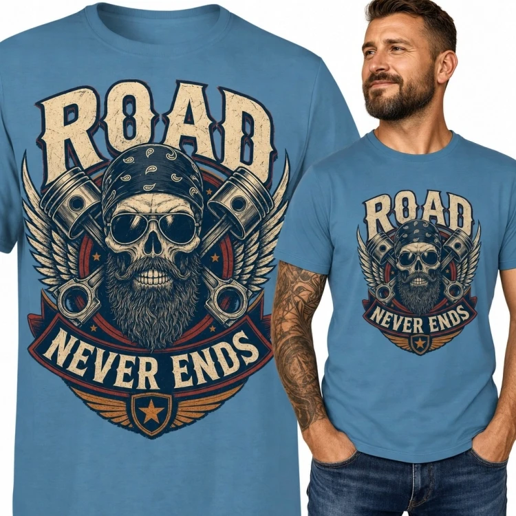 Koszulka męska dla motocyklisty z czaszką „Road Never Ends” - styl retro