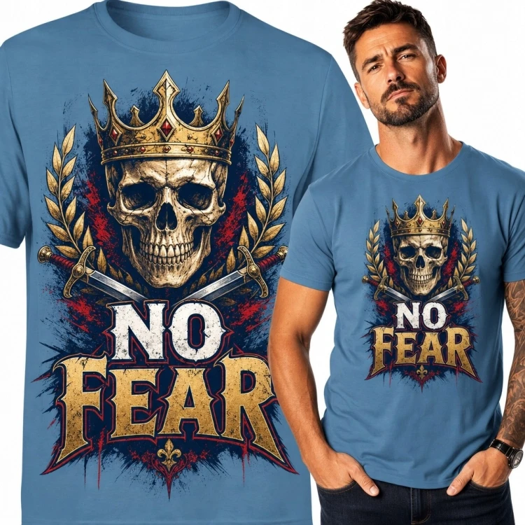 Koszulka męska z koronowaną czaszką „No Fear” - mroczny wzór heraldyczny