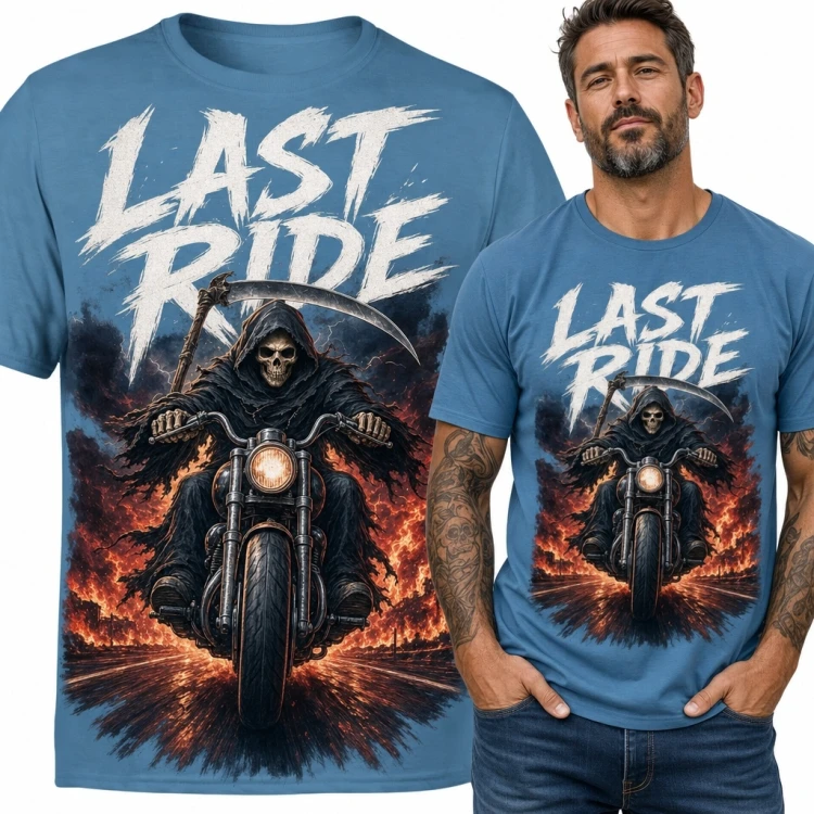 Koszulka męska z Ponurym Żniwiarzem na motocyklu „Last Ride” - mroczny nadruk