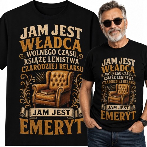 Koszulka męska dla emeryta „Jam jest władcą wolnego czasu” - retro fotel i książki