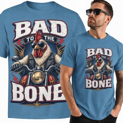Koszulka męska z kogutem-bikerem „Bad to the Bone” - motocyklowy wzór retro