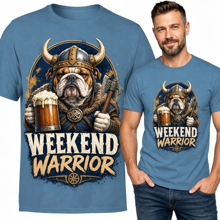 Koszulka męska z buldogiem wikingiem „Weekend Warrior” - kufel piwa i topór
