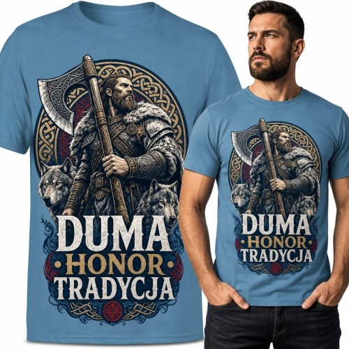 Koszulka męska z nordyckim wojownikiem i wilkami - „Duma honor tradycja”