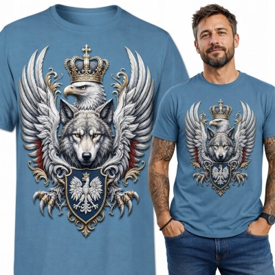 Koszulka męska patriotyczna z wilkiem, ukoronowanym orłem i polskim godłem - heraldyczny motyw