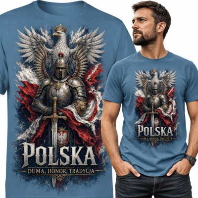 Koszulka męska patriotyczna z rycerzem i białym orłem „Polska” - „Duma, honor, tradycja”