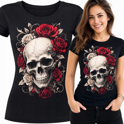 Koszulka damska z czaszką i czerwonymi różami - gotycki nadruk