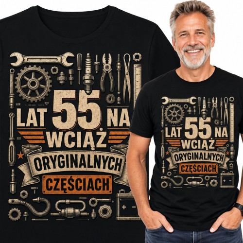 Koszulka męska na 55 urodziny „55 lat na wciąż oryginalnych częściach!” - motyw warsztatowy