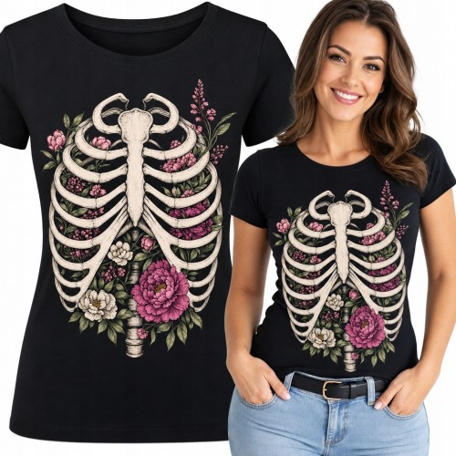 Koszulka damska z anatomiczną klatką piersiową i kwiatami - dark floral