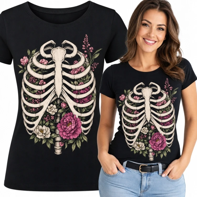 Koszulka damska z anatomiczną klatką piersiową i kwiatami - dark floral