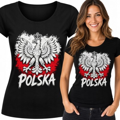 Koszulka damska patriotyczna z Białym Orłem i napisem „Polska” - biało-czerwony motyw