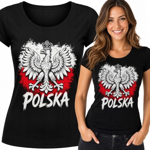 Koszulka damska patriotyczna z Białym Orłem i napisem „Polska” - biało-czerwony motyw