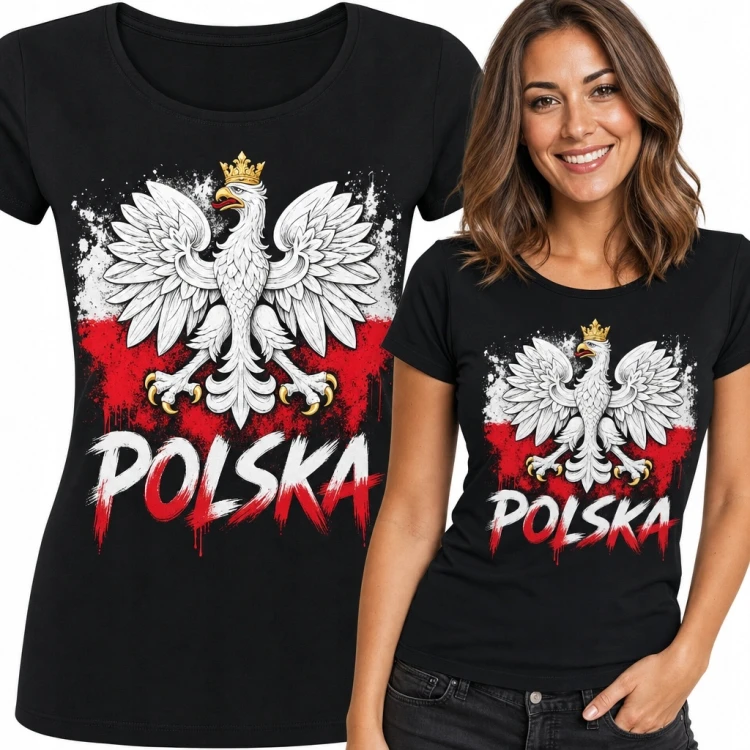 Czarna koszulka damska patriotyczna z Orłem Białym „Polska”