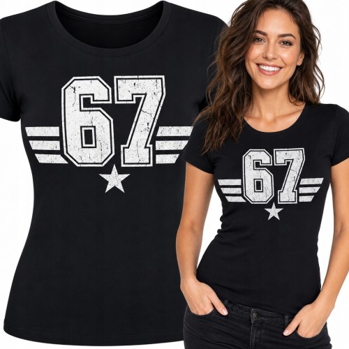 Koszulka damska z numerem „67” - sportowy wzór varsity retro