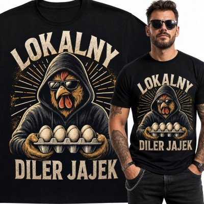 Koszulka męska „Lokalny diler jajek” z kogutem - czarna