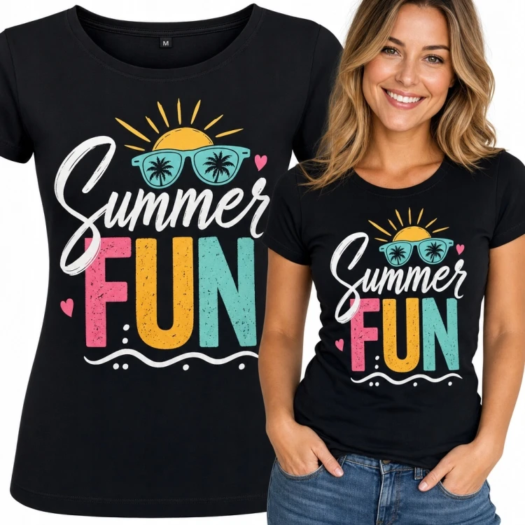 Koszulka damska z wakacyjnym nadrukiem „Summer Fun” - słońce, okulary i palmy