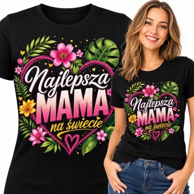 Koszulka damska dla mamy z kwiatowym sercem „Najlepsza Mama na świecie” - czarna