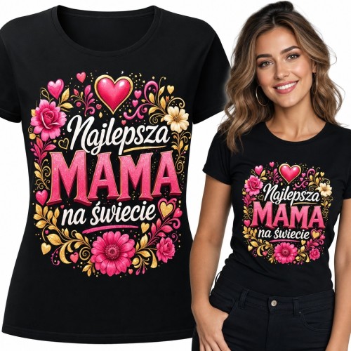 Koszulka damska dla mamy z kwiatowym napisem „Najlepsza Mama na świecie”