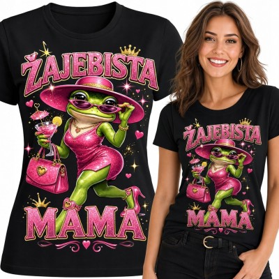 Koszulka damska z żabą „Żajebista mama” - różowy glamour