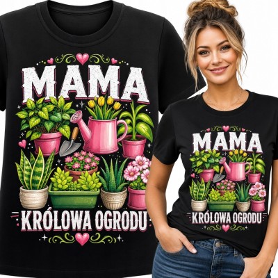 Koszulka damska dla mamy ogrodniczki „Mama królowa ogrodu” - rośliny i narzędzia