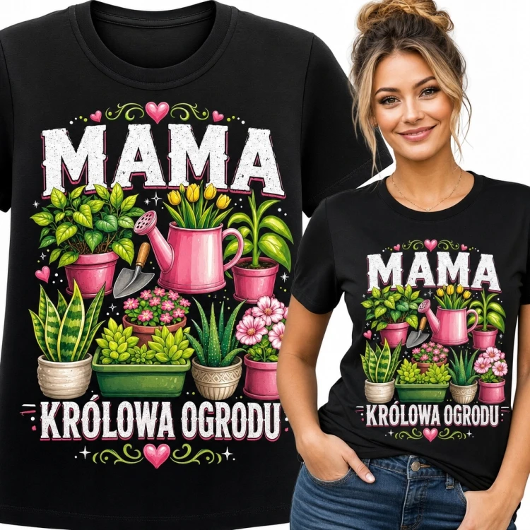 Koszulka damska dla mamy ogrodniczki „Mama królowa ogrodu” - rośliny i narzędzia
