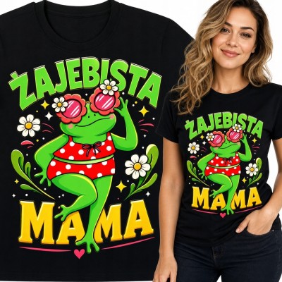 Koszulka damska z napisem „Żajebista mama” i tańczącą żabą - kolorowy humor