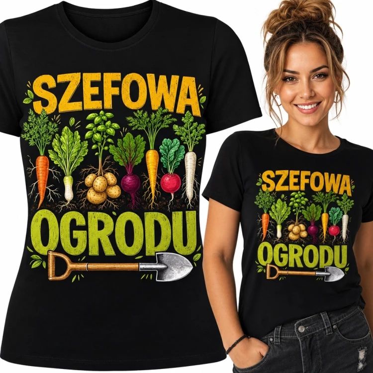 Koszulka damska dla ogrodniczki „Szefowa ogrodu” - warzywa i narzędzia
