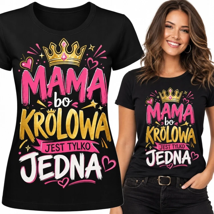 Koszulka damska dla mamy „Mama bo królowa jest tylko jedna” - korona i serca