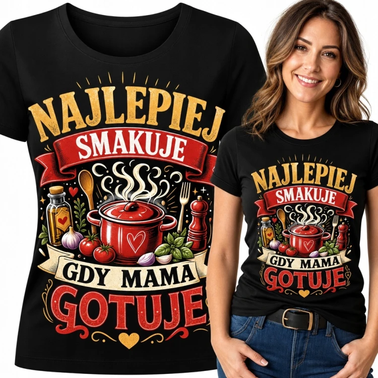 Koszulka damska dla mamy „Najlepiej smakuje, gdy mama gotuje” - kulinarny motyw retro