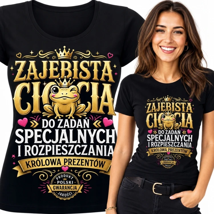 Koszulka damska dla cioci „Zajebista ciocia” - koronowana żabka
