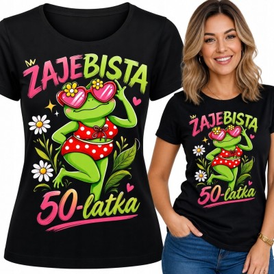 Koszulka damska na 50 urodziny z żabą i napisem „Żajebista 50-latka” - czarna
