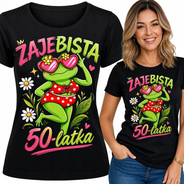 Koszulka damska na 50 urodziny z żabą i napisem „Żajebista 50-latka” - czarna